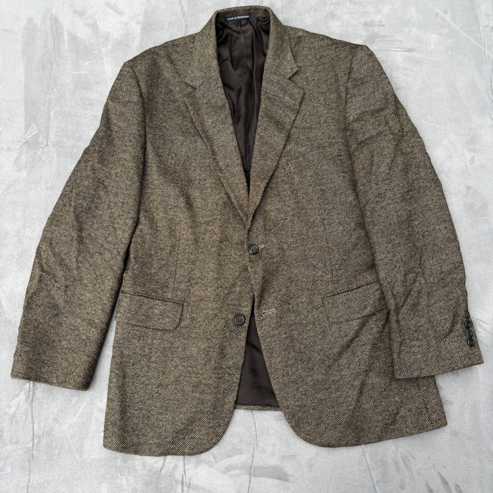 Lands End 44R Lambswool Sport Coat Micro Houndstooth Brown Tan Classic